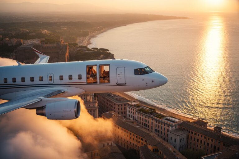 Airplane flying over a coastal city at sunset, view from the wing with the sea and cliffs below.