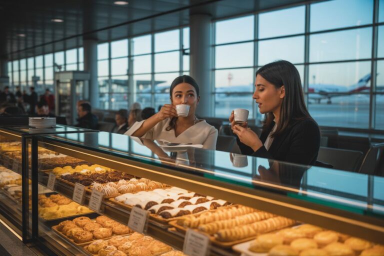 Two women at a pastry counter in an airport lounge, sipping coffee and chatting, with rows of pastries on display.