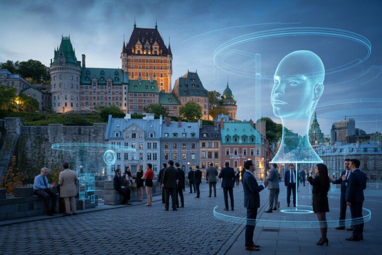 Outdoor tech event in a historic city square; professionals mingle while a blue holographic human head and circular AR rings hover above the crowd.