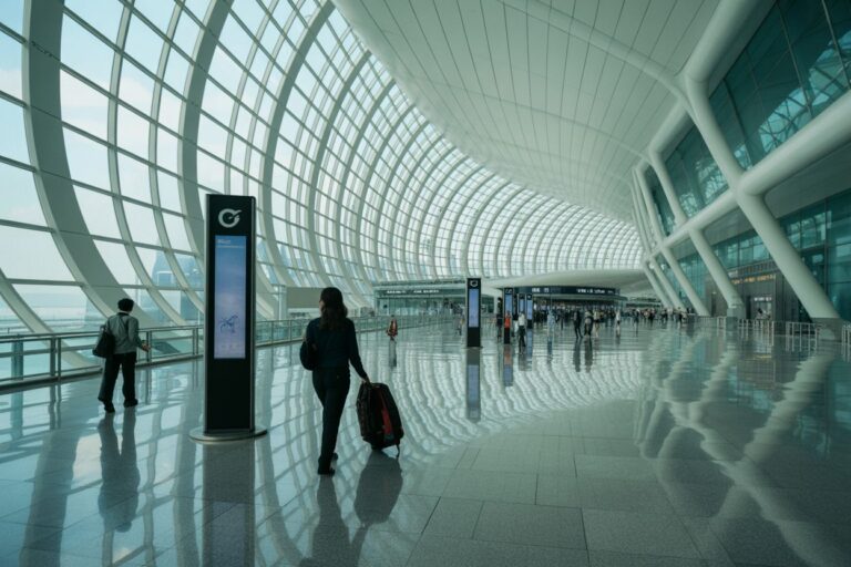 Spacious curved-glass airport terminal with travelers walking and luggage along a polished, reflective floor