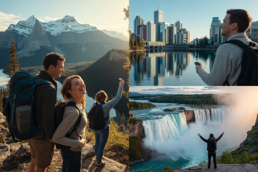 Travel collage showing adventure: hikers in mountains, a city skyline, and a person at a waterfall overlook (exploration, travel moments).