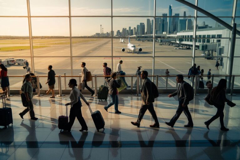 Travelers with rolling suitcases walk through a bright airport terminal toward the gate, with a plane on the tarmac outside and a city skyline beyond the glass walls.