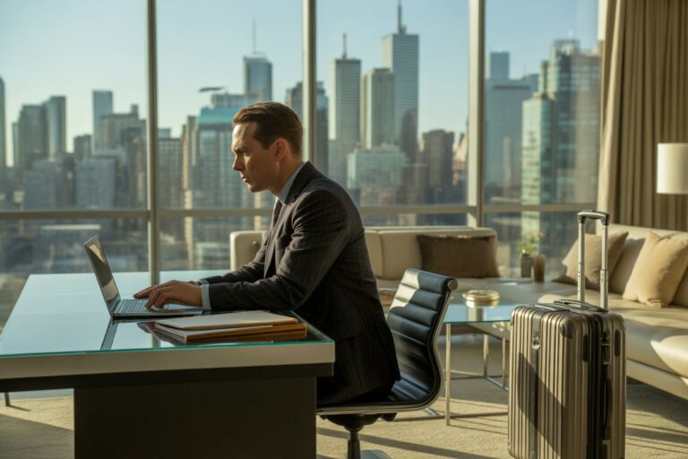 Businessman in a suit typing on a laptop at a glass desk in a hotel suite with a city skyline outside.