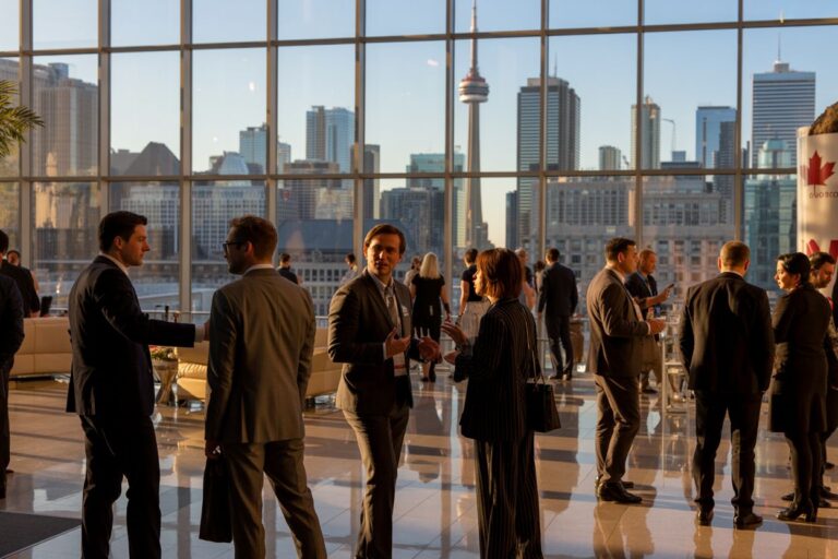 Business professionals networking in a sunlit atrium with a city skyline through tall glass walls