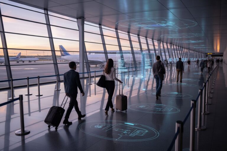 People with rolling suitcases walk through a futuristic airport corridor with holographic circular displays on the floor and glass walls showing planes outside at sunset.