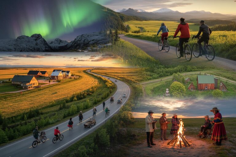 Collage of outdoor adventures: aurora borealis, cyclists on a rural road, farm cottages, and a group by a campfire at sunset.
