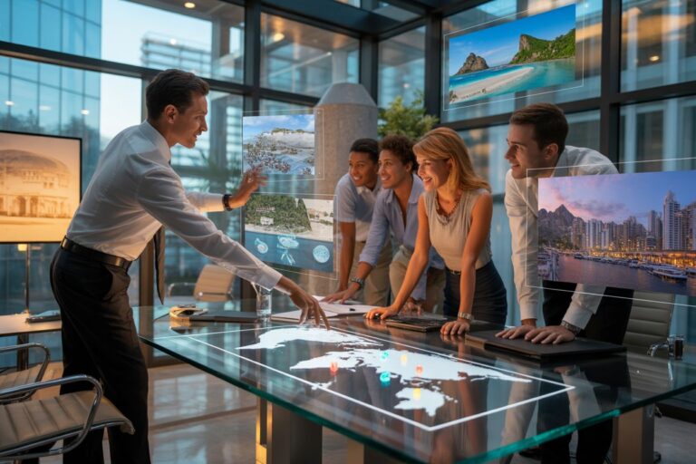 Team of professionals gathered around a glass conference table, viewing floating screens with travel photos and a world map.