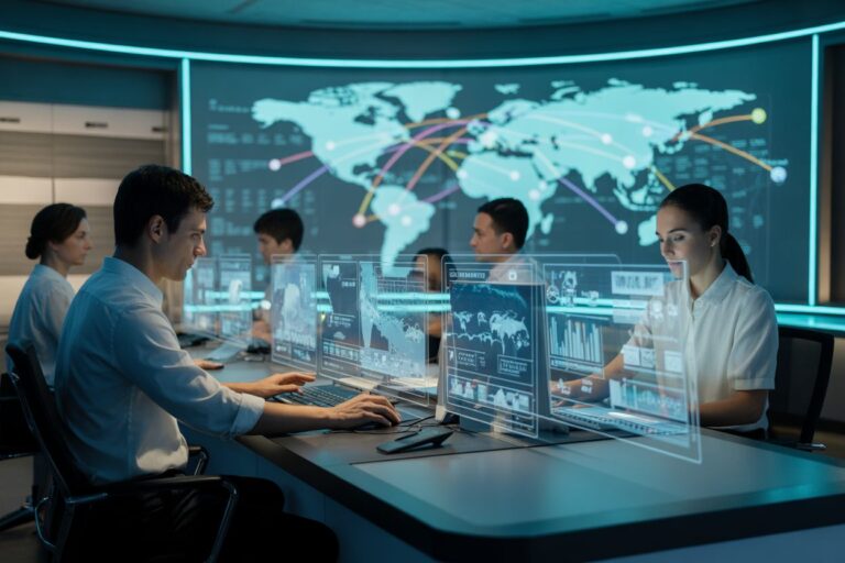 Analysts in a futuristic operations room work at glassy, translucent screens displaying world maps and data connections.