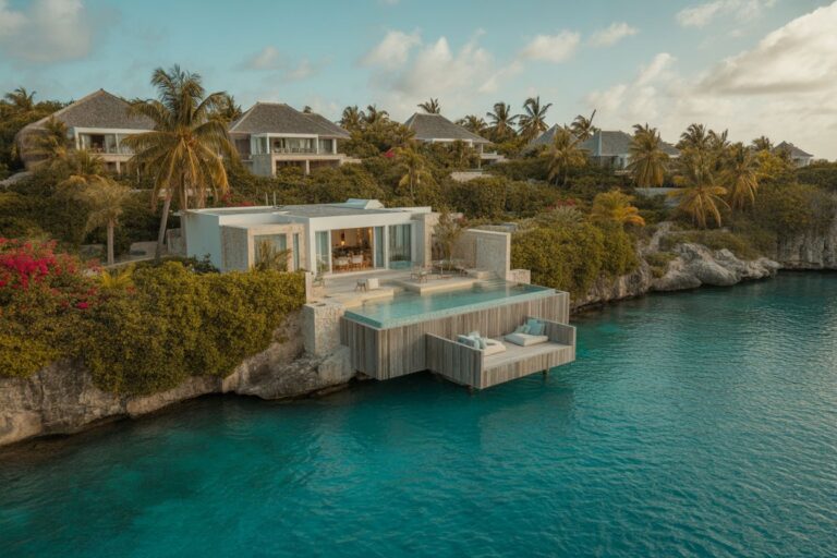 Luxurious coastal villa with an infinity pool perched on the rocky shore, turquoise water and palm trees nearby.