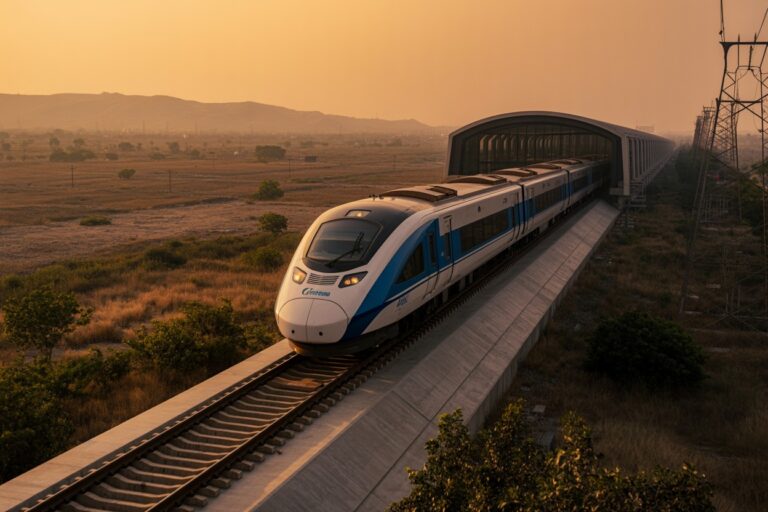 High-speed blue-and-white passenger train on an elevated track exiting a curved station at sunset in a dry desert landscape