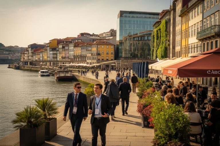Two men in suits walk along a sunny riverside promenade lined with colorful buildings and outdoor cafes down by the water.