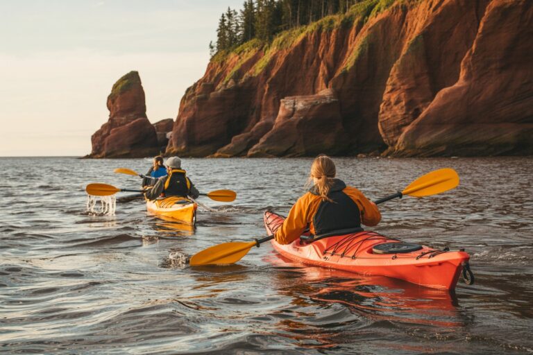 Three kayakers in orange kayaks paddle along a rocky red cliff coastline at sunset/light breeze.