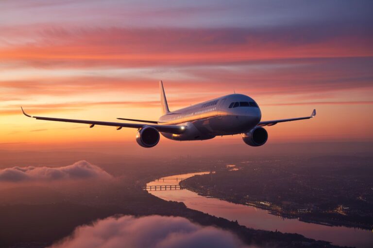 Airliner flying at sunset over a cityscape with a winding river and bridge below. (informative)