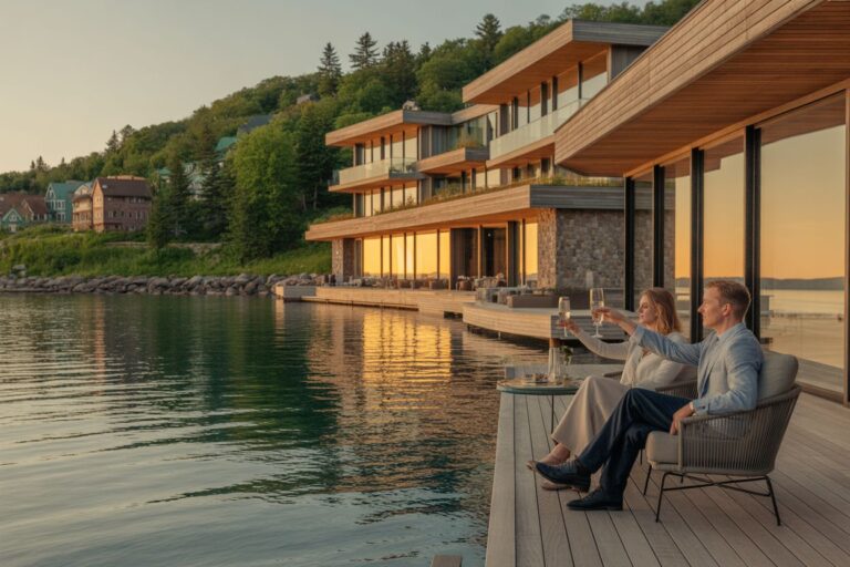 Couple on a wooden deck by the water toasting glasses at sunset with a modern glass-walled building in the background