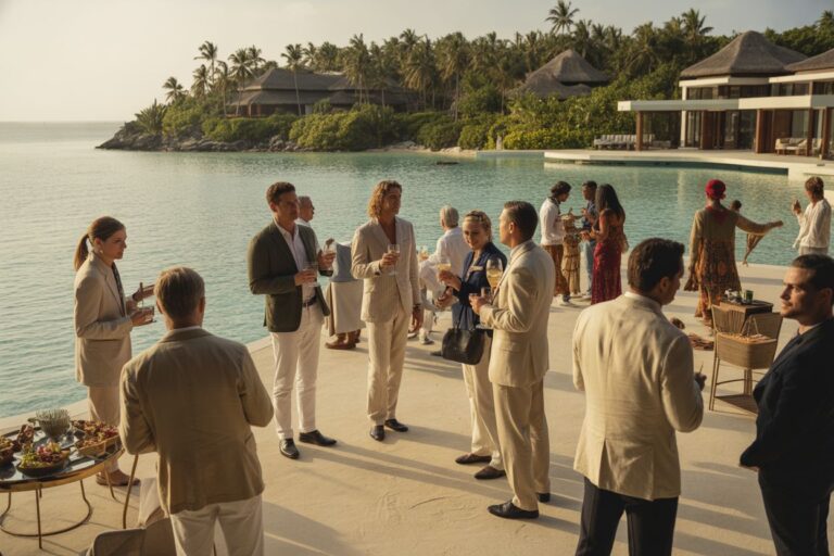 Group of guests in light-colored suits chatting and toasting with drinks on a resort terrace by a calm, turquoise sea and palm trees at sunset.