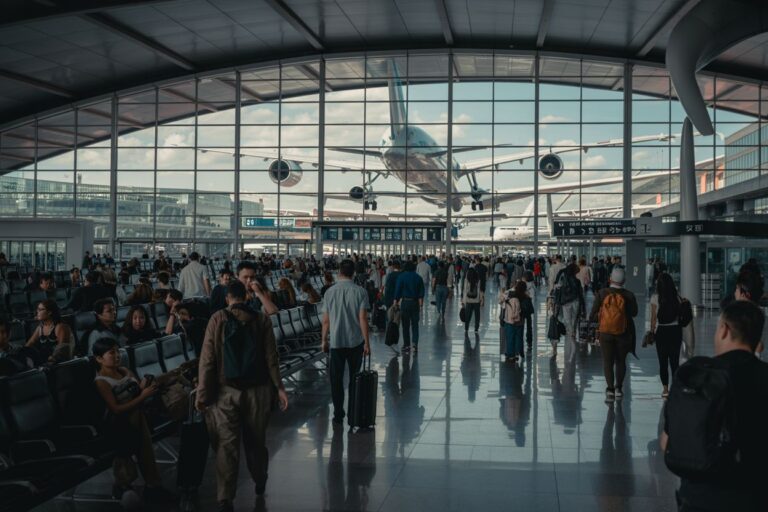 Busy airport terminal with a large glass wall showing a plane taxiing outside; travelers walk with luggage and sit in rows of chairs.