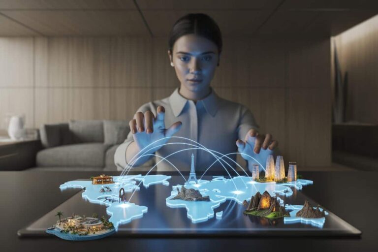 Businesswoman uses a holographic world map to connect global destinations.