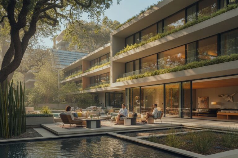 Outdoor lounge area at a modern residential building with poolside seating and greenery on balconies in daylight