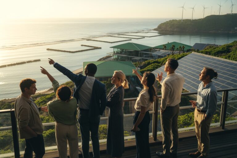 Group of diverse people on a balcony pointing and looking toward the coast with solar panels and wind turbines in the distance at sunset.