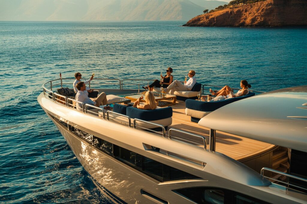 Luxurious yacht deck with six people relaxing on blue couches, sipping champagne by calm sea with rocky coastline in the distance