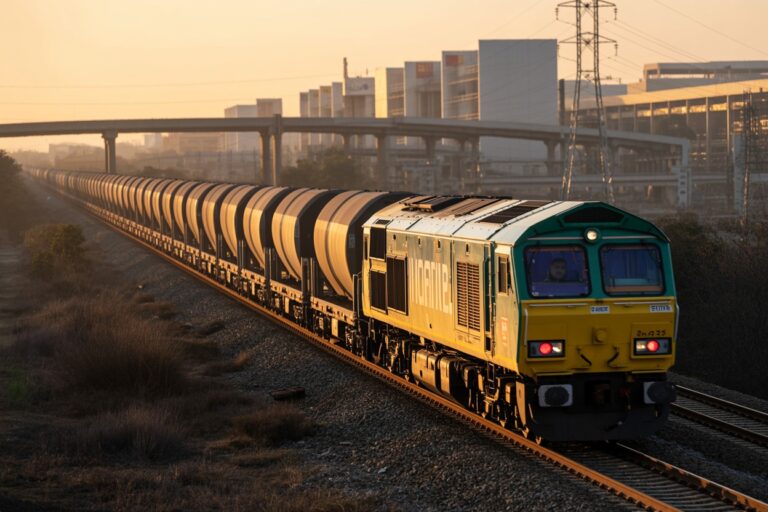 Diesel freight train with yellow-green locomotive hauling a long line of tank cars at sunset near an industrial area.