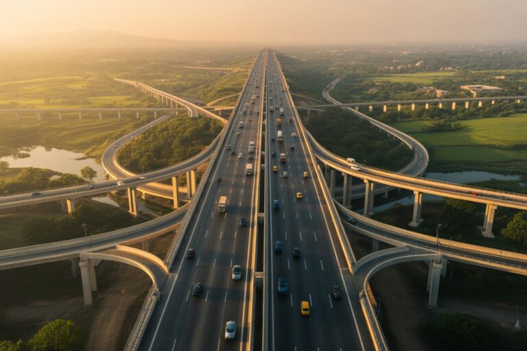 Aerial view of a multi-level highway interchange at sunset with lanes and bridges sprawling over green fields, showing complex ramps converging into a central road.