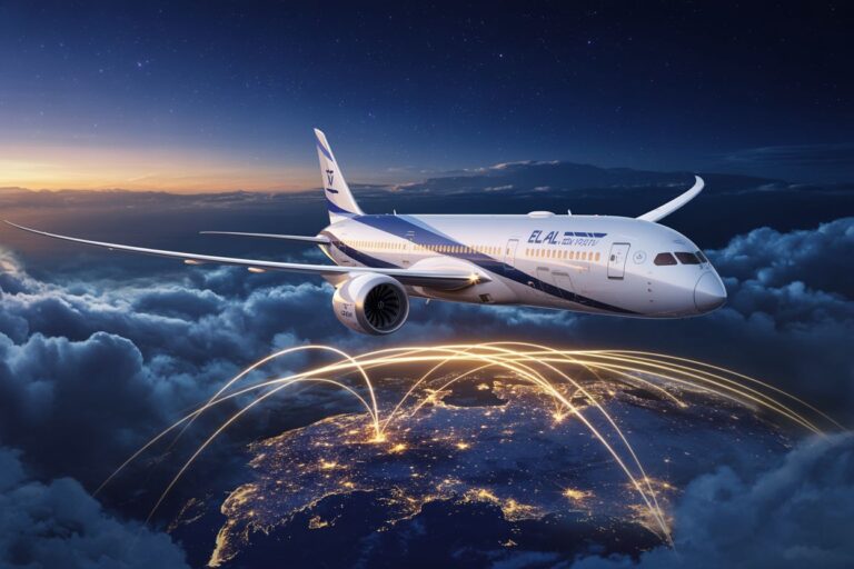 Commercial airliner gliding above a lit Earth at night, with golden flight paths connecting cities worldwide, symbolizing global connectivity.
