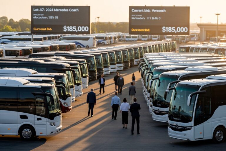 Row of white tour buses in a parking yard with auction boards showing a $185,000 current bid and people walking between them.