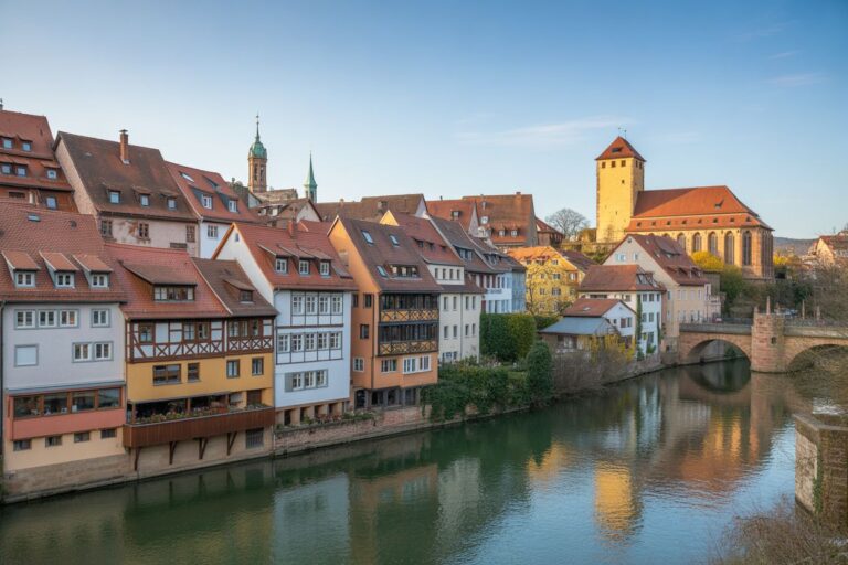 Quaint riverside town with pastel houses, a stone bridge, and a tall church tower reflected in the water, during daylight.