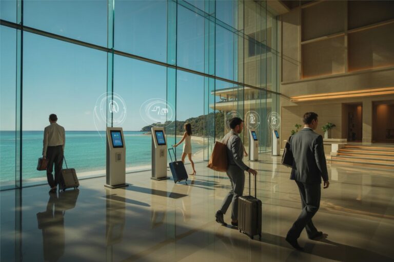 Modern airport terminal with glass walls; travelers pull rolling suitcases past self-service kiosks overlooking the ocean outside.