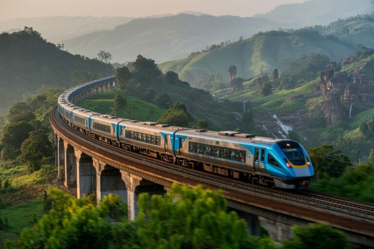 Blue modern passenger train curves along an elevated viaduct through lush green hills and valleys at sunset.