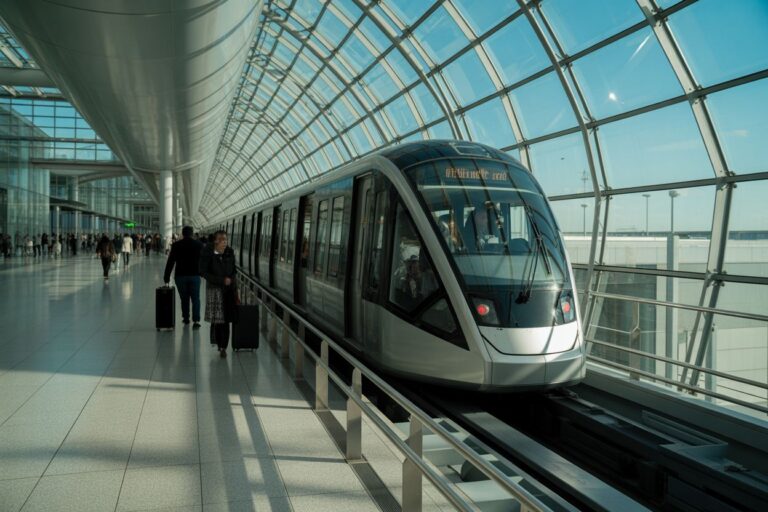 Modern silver passenger train at an indoor glass-arched station with travelers pulling suitcases nearby.