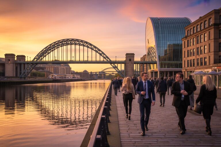 Businesspeople walking along a riverside promenade at sunset, with a curved glass building and an arched bridge in the background.