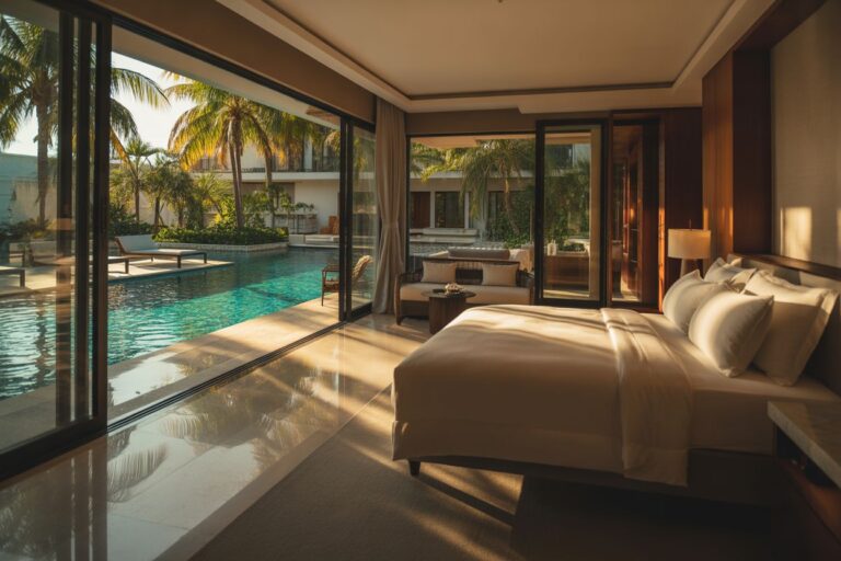 Luxurious hotel bedroom with a king bed, seating area, and glass doors opening to a pool courtyard outside.