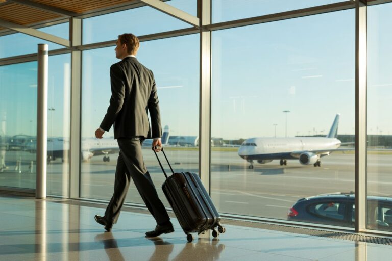 Businessperson in a dark suit walks with a rolling suitcase inside an airport terminal, glass walls showing airplanes on the tarmac.