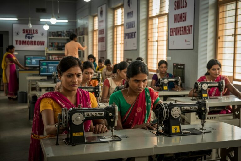 Women sew on industrial sewing machines in a training room; banners read 'Skills for Tomorrow' and 'Women Empowerment' in the background.