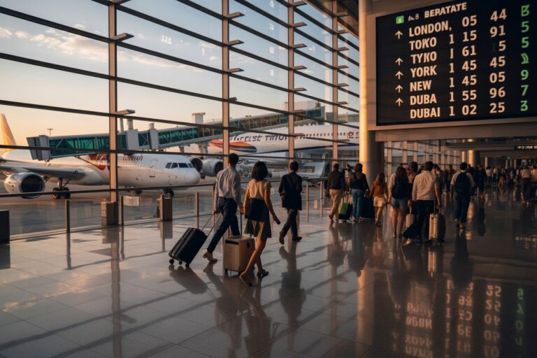 Interior of a busy airport terminal at sunset, with passengers pulling wheeled luggage past a large flight information board and parked airplanes outside through glass walls. The board lists destinations like London, Tokyo, and Dubai with times.