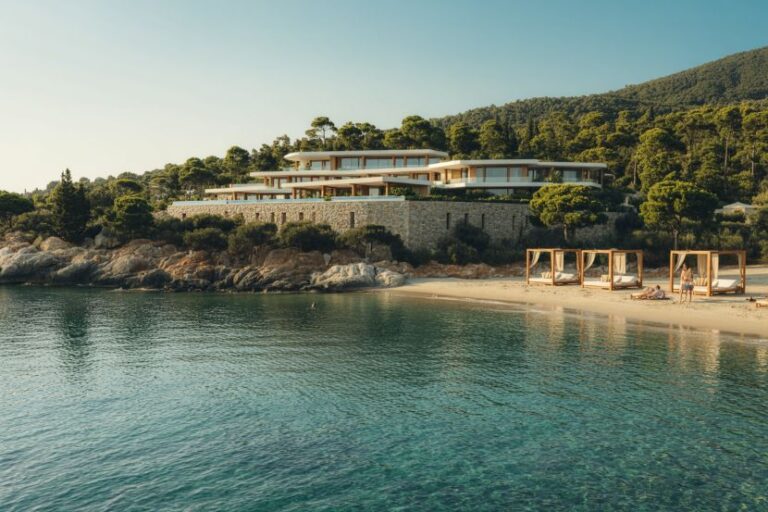 Modern cliffside villa overlooking turquoise sea with a sandy beach and wooden cabanas nearby.