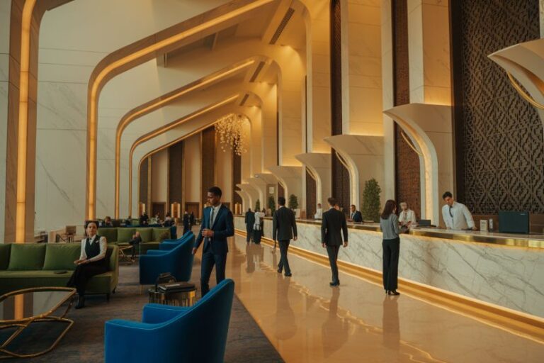 Luxurious hotel lobby with golden archways, marble floors, and a long marble-front desk where staff assist guests; people in suits roaming the area.