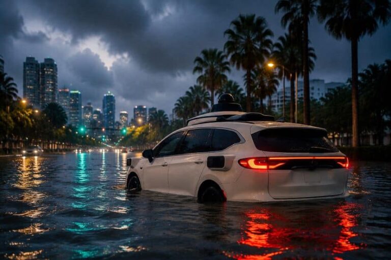 White SUV partially submerged in street flood at dusk, with palm trees and illuminated city skyline in the background.
