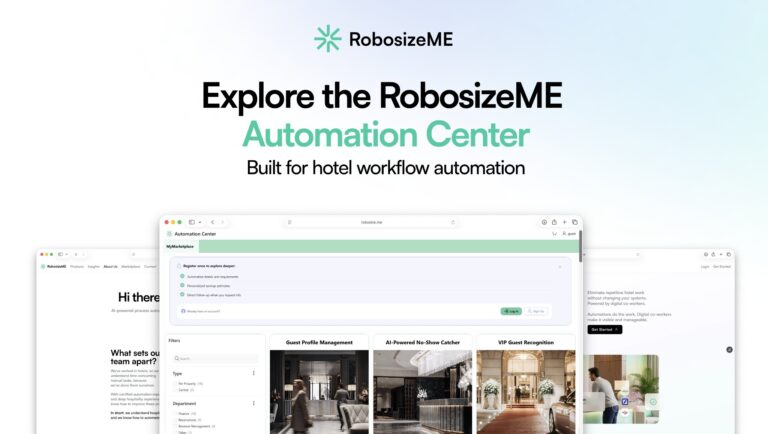 RobosizeME Automation Center hero banner with gradient background and previews of hotel automation UI screenshots.