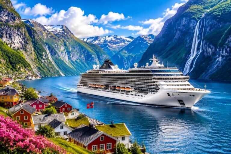 Large white cruise ship sails through a deep blue Norwegian fjord, flanked by colorful houses and towering green mountains with a waterfall in the distance.