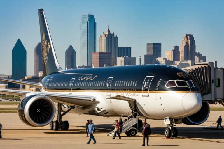 Large passenger jet parked at a gate with boarding stairs and several people walking on the tarmac, city skyline in the background.