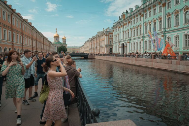 Tourists along a canal with pastel historic buildings and a church with gold domes in the distance on a sunny day.