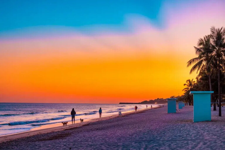 Sunset beach scene with orange-pink sky, calm waves, palm trees, and people walking dogs along the shore at dusk.