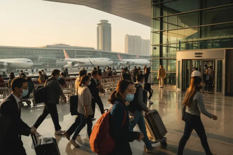 Busy airport terminal with travelers wearing masks and pulling suitcases toward glass doors; airplanes are on the tarmac outside the concourse area at sunset.