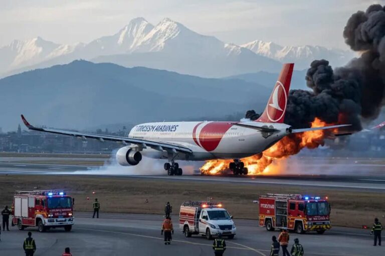 Turkish Airlines plane on a runway engulfed in flames with thick black smoke as emergency crews arrive.