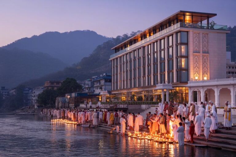Crowd in white robes lights oil lamps along river steps at dusk for a religious ceremony beside a modern hotel.