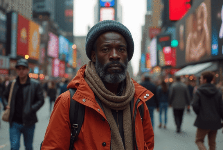 Man with gray beard wearing an orange jacket, scarf, and knit cap stands in a busy city street with blurred pedestrians and bright signs behind him, looking at the camera.