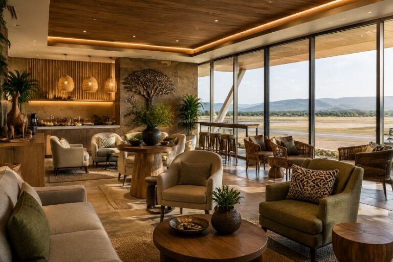 Luxurious lounge with beige and green seating, round wooden tables, and floor-to-ceiling windows overlooking a scenic landscape.